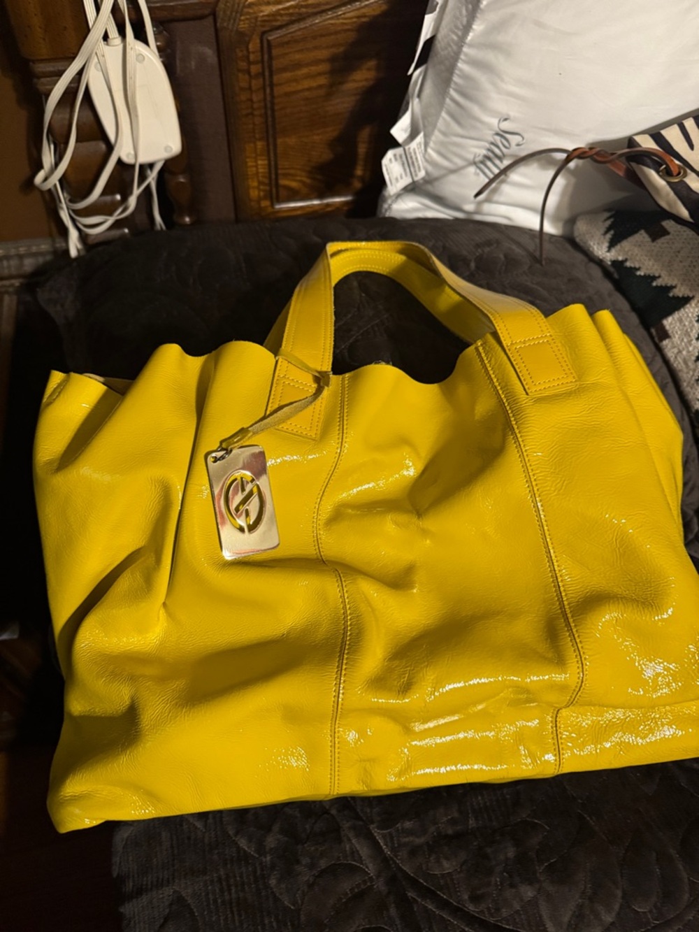 Francesco Biasia Bright Yellow Patent Leather Tote with Gold Logo Tag